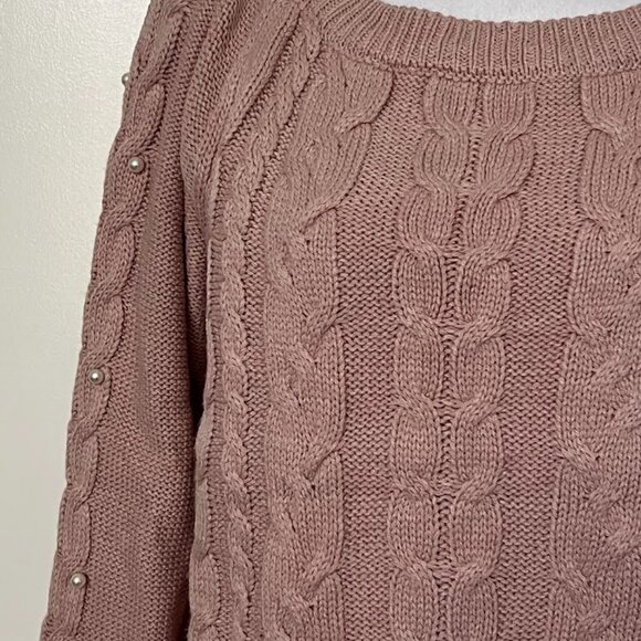 FRESHMAN Pink Cable Knit Pearl Beaded Long Sleeve Sweater Top Size Small - Picture 4 of 13